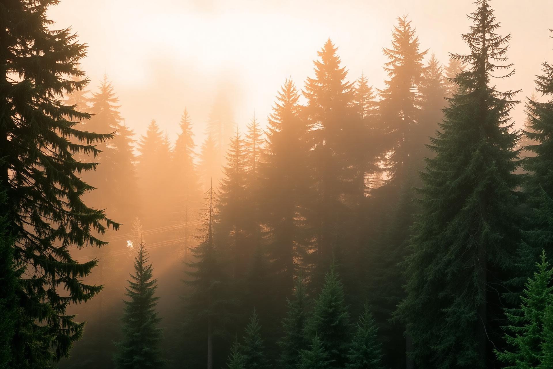 Misty forest at sunrise, sunlight through evergreen trees